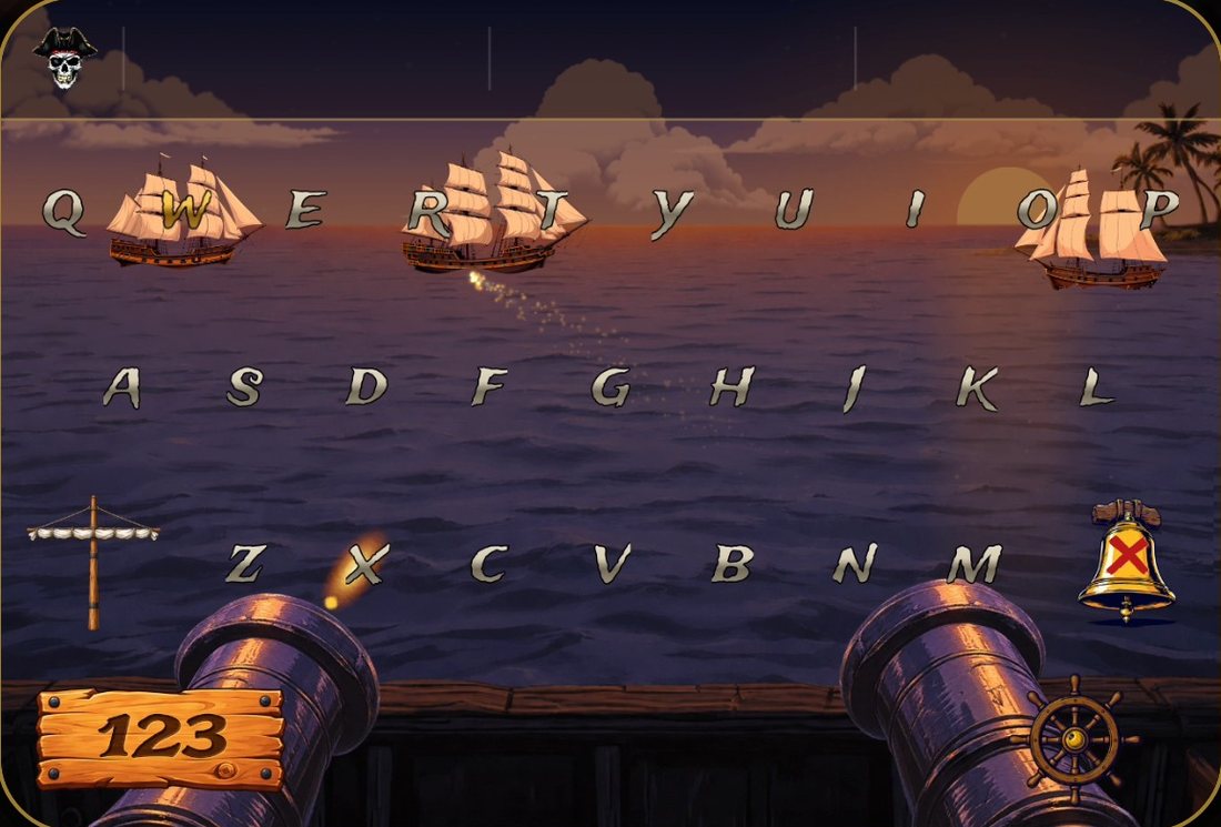 A cannon firing from the keyboard's rail toward three ships