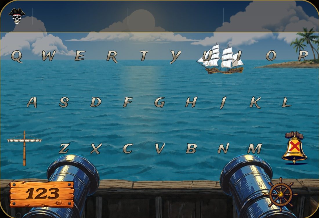 The Pirate Keys keyboard: keys floating over a daytime sea, a ship on the horizon and two cannons on the rail
